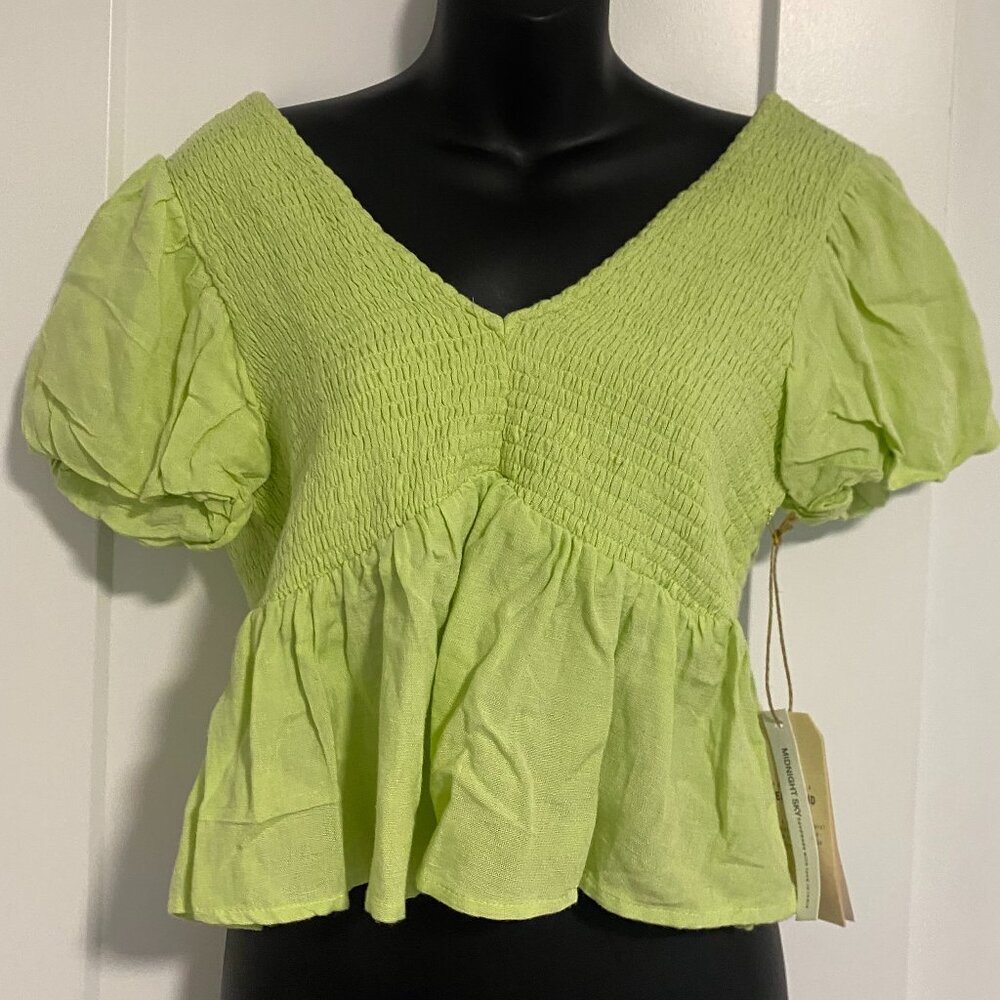 Midnight Sky‎ Linen Blend Peplum Smocked Blouse Top With Puff Sleeves Size Small